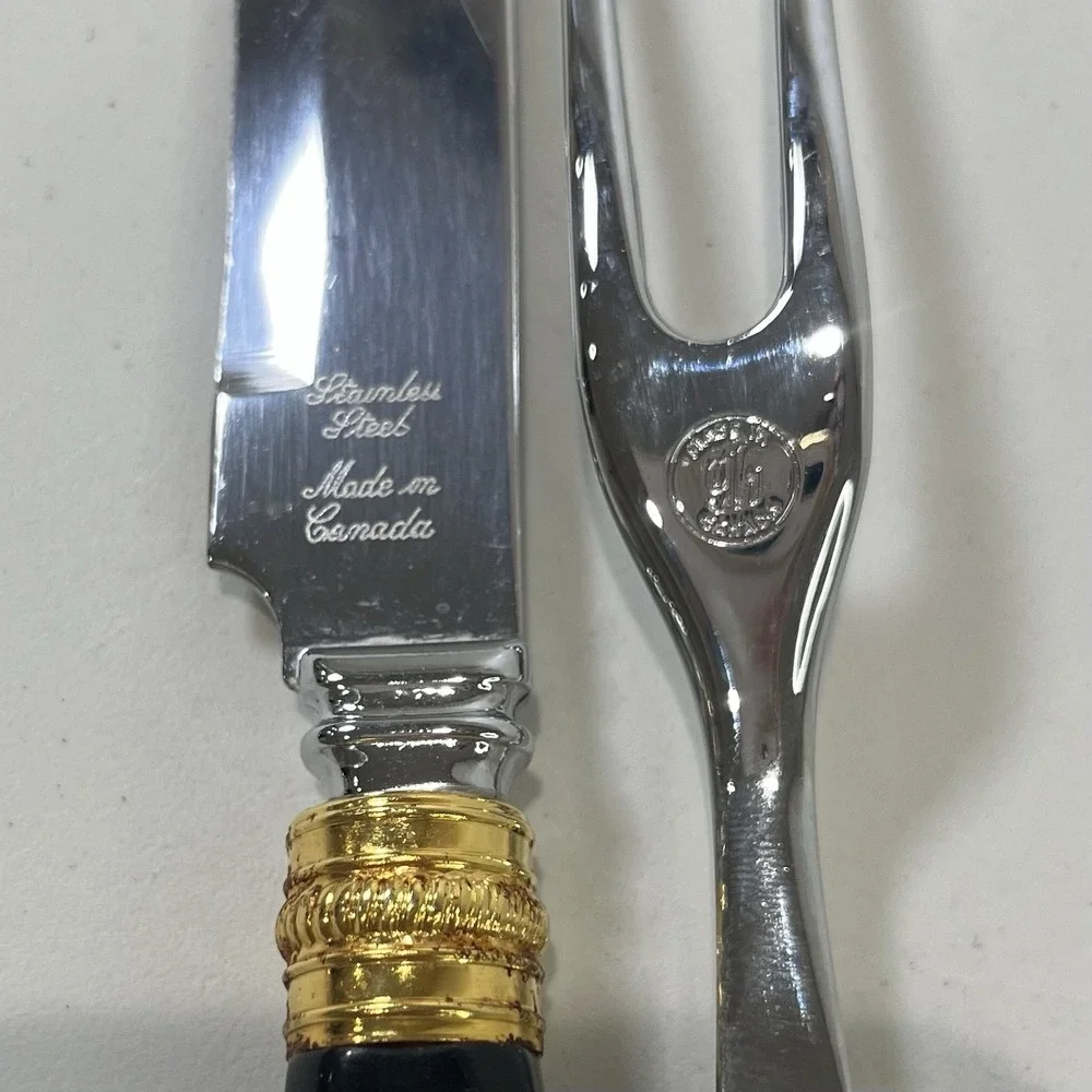 Vintage Glo Hill Carving Set Black Bakelite Gold Stainless Steel Utensils Canada